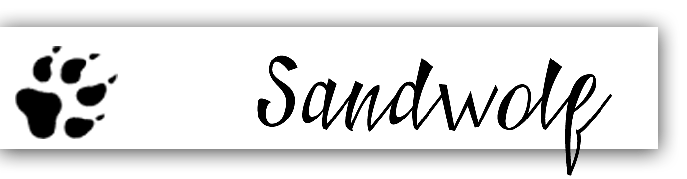 The Sandwolf standard page logo - white box with wolf-paw and Sandwolf written in cursive script